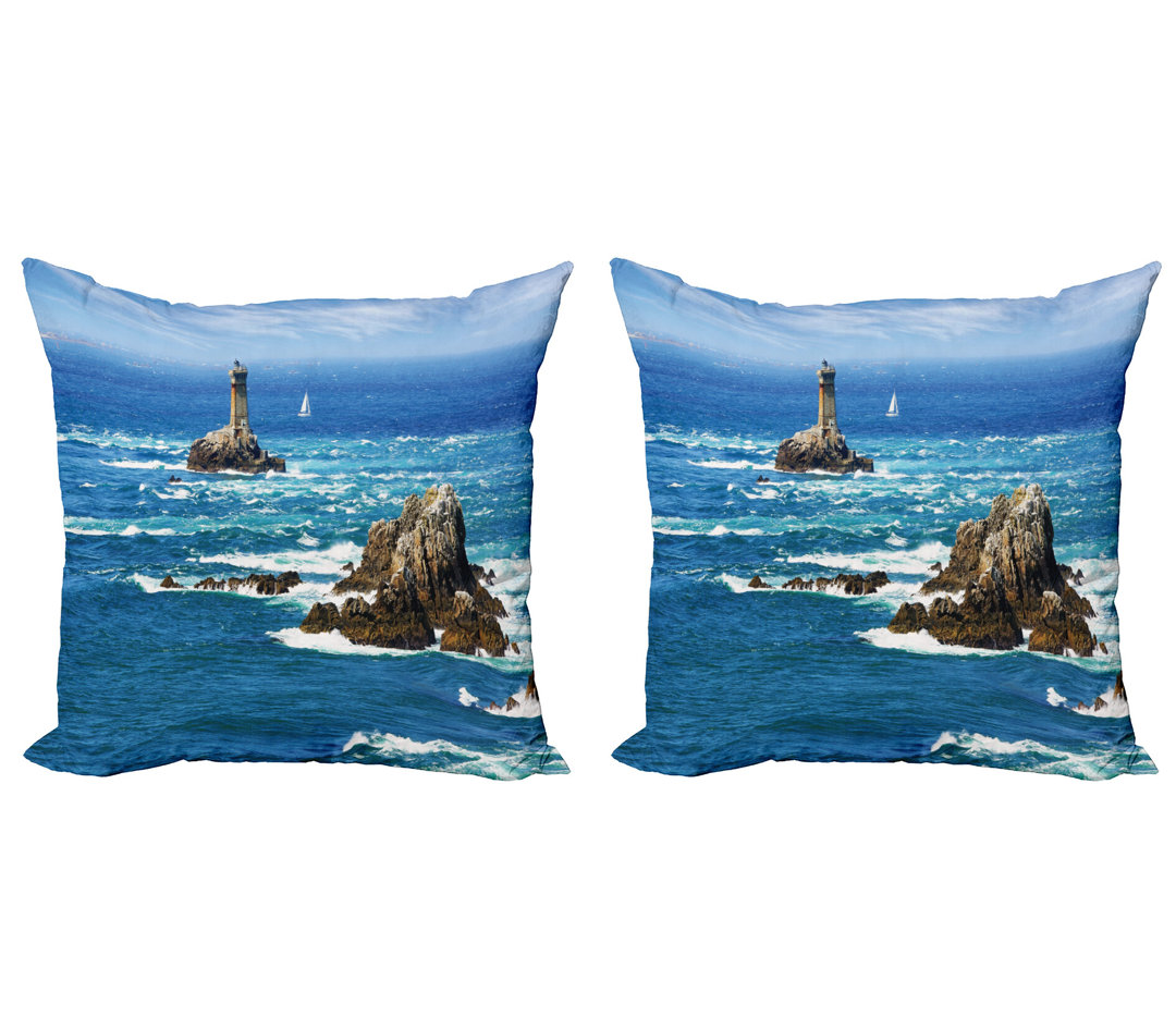 Kissen Kissenbezug 2er Pack, Daytime Wavy Rocky Sea, Blau Grau Weiß