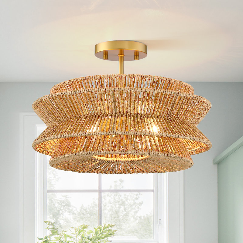 Clouden 16in 2-light Bohemian Woven Rope Semi-flush Mount Ceiling Light, Brown