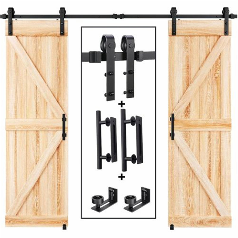 Ensemble de quincaillerie pour porte de grange coulissante double de 2,4 m (8 pi), poulie en J de base, coulissement fluide et silencieux, installation facile, rail et poignée pour portes doubles de 51 à 61 cm (20 à 24 po) de large, porte non incluse