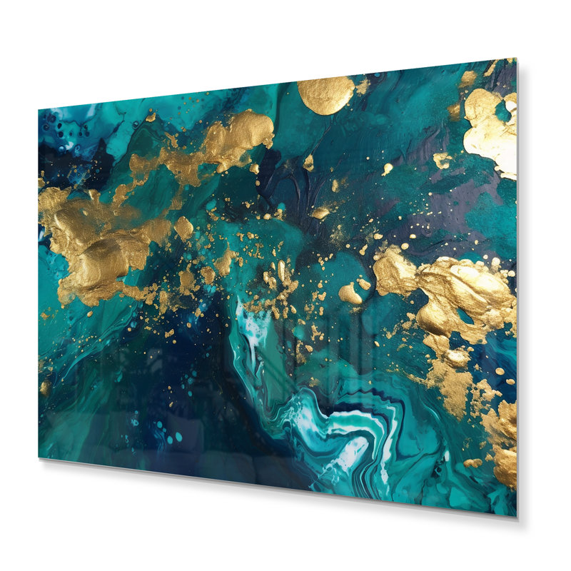 Sarcelle et or liquide Magic II - impression sur métal, H 16 po x l 32 po x P 1 po