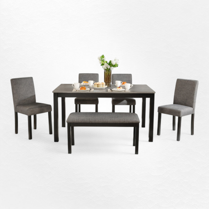 Farmhouse 6 Piece Dining Set Kitchen Table Set With Bench,,dining room set,dinning table set, Dark Gray/Black