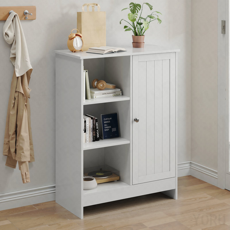 Armoire de salle de bain, support de rangement autoportant pour la cuisine, armoire de rangement au sol 23,62 po x 11,81 po x 31,5 po avec 1 armoire, 3 compartiments ouverts, tablettes réglables, blanc