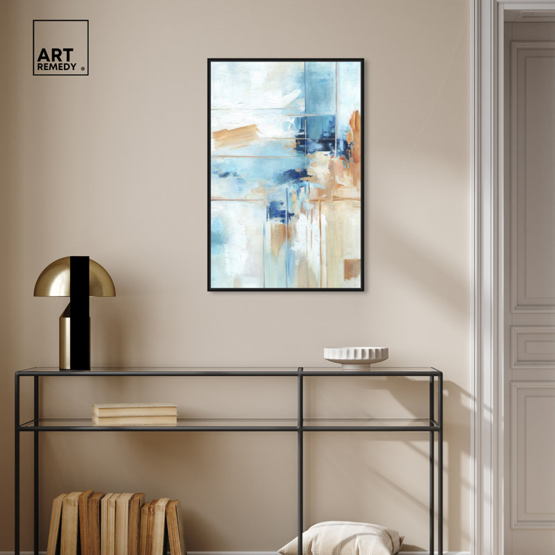 Blue and Beige Abstract Canvas Art in Black Frame, 31" x 21"