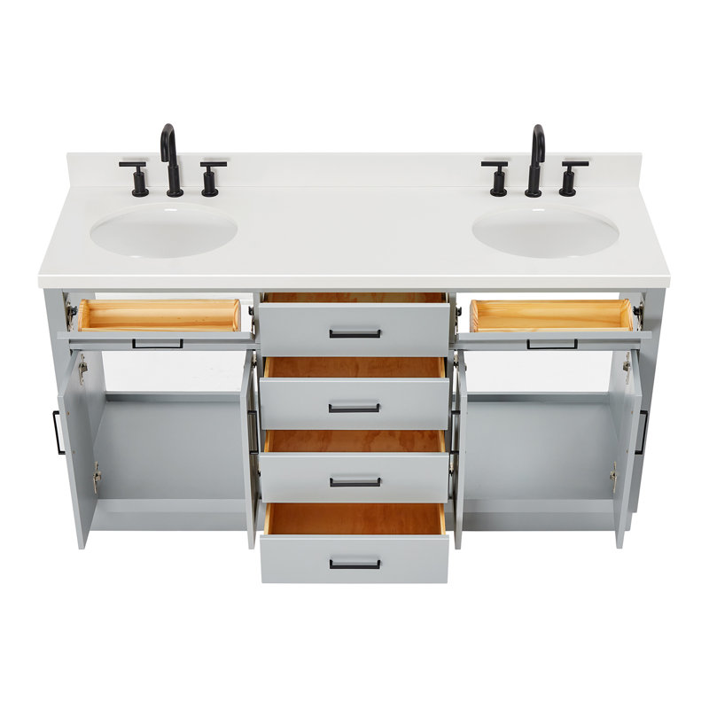 Thornaby 66'' Solid Wood Double Bathroom Vanity with 1.5'' White Quartz Top, Oval Sinks, Gray / Matte Black, Oval