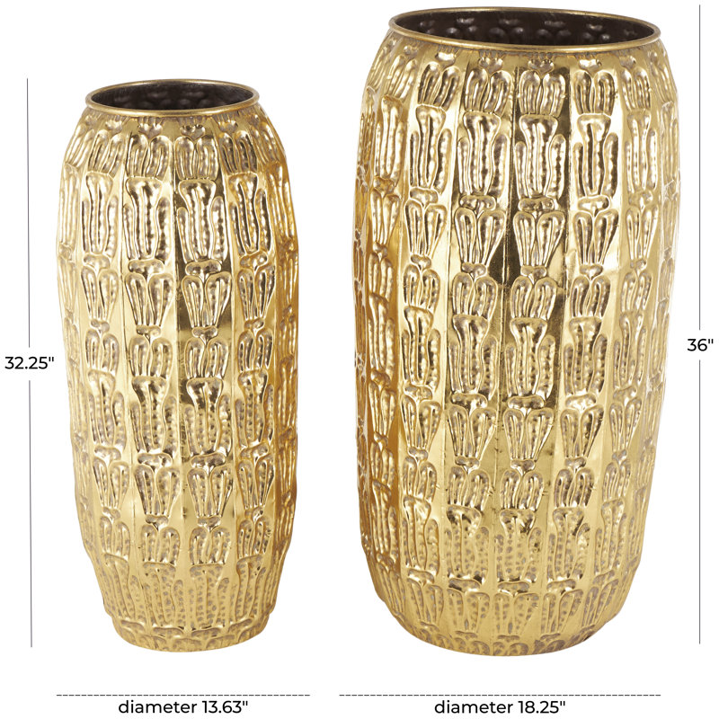 Braseby Metal Tall Decorative Gold Vase with Grooved Patterns Set, 36" H x 18.25" W x 18.25" D