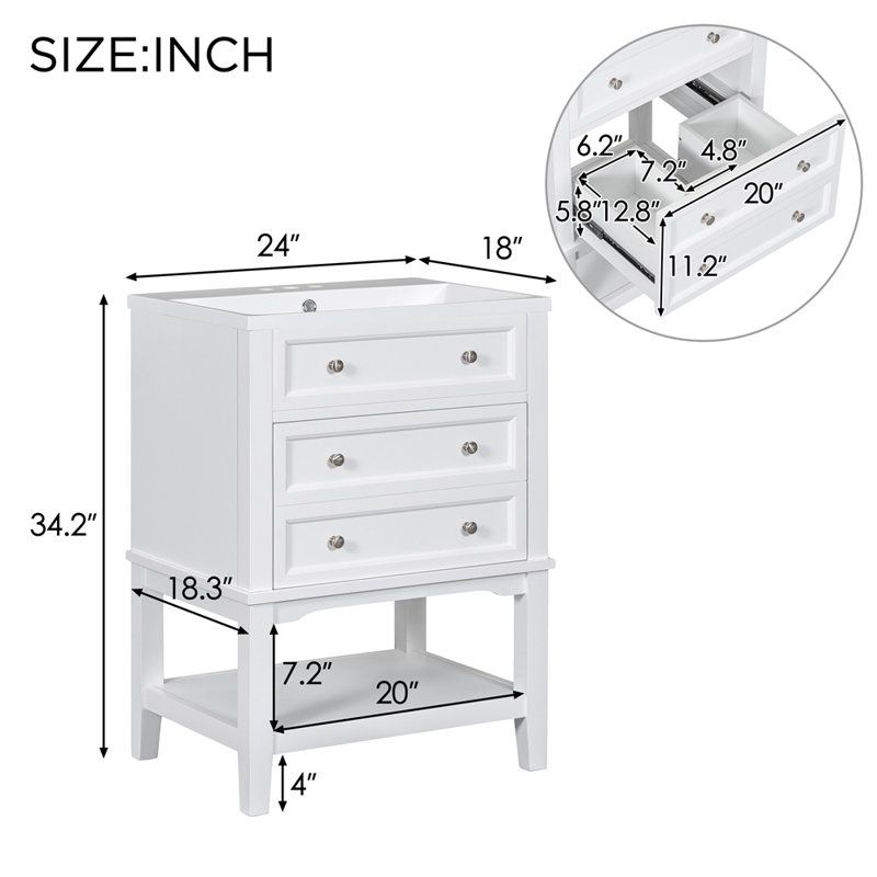 White Solid Wood Freestanding Bathroom Vanity with Ceramic Sink