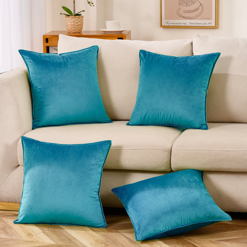 Set Of 4 Throw Velvet Cushion Covers, 18"H x 18"W, Blue