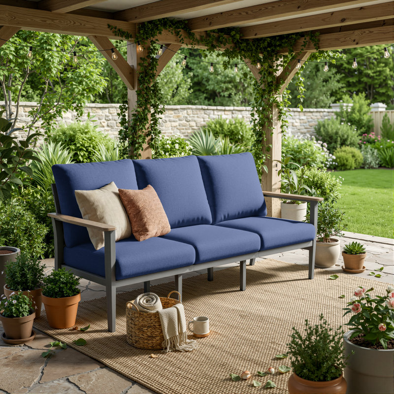 78" Wide Aluminum Outdoor Patio Sofa with Wood-Look HDPE Armrests & Deep Cushions, Navy Blue