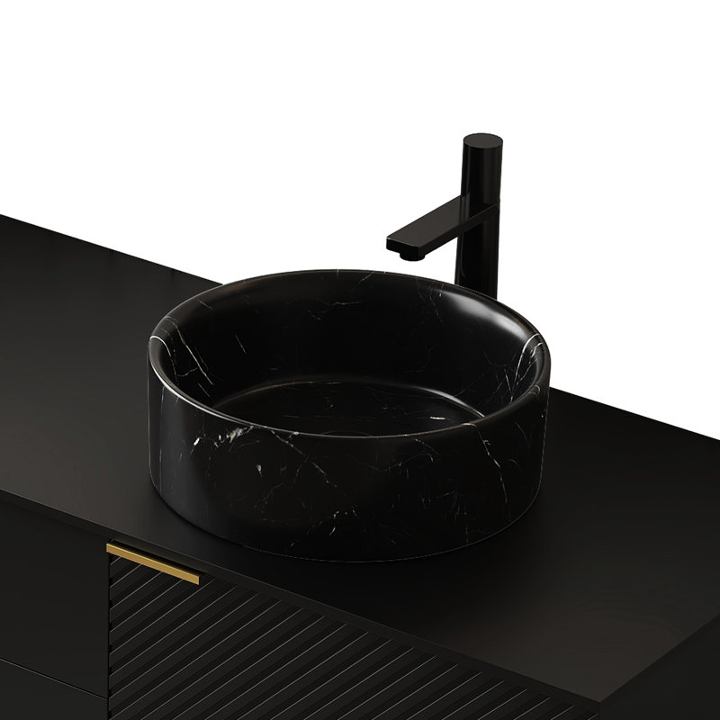 Lavabo de salle de bain rond en céramique 14 "avec motif de pierre, noir mat, textures veinées gris brumeux et teinture - facile à entretenir, profondeur de 14,48 po, largeur, 4,84 po, poids en céramique de 15,46 lb, lavabo