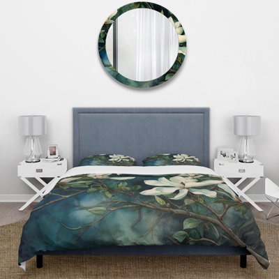 Green White Magnolias Landscape - Floral Duvet Cover Set - Microfiber Polyester