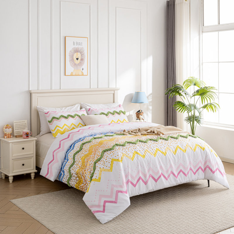 Colourful Print Microfiber Comforter Set With Metallic Pint & Faux Tufted Design, Twin Comforter + 1 Standard Sham