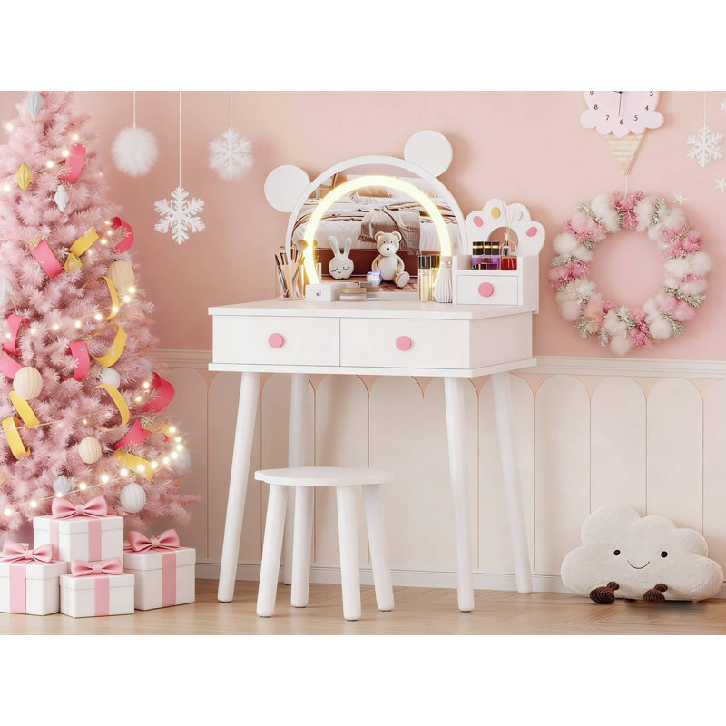 Kids Vanity Table with Lights & Mirror, Bear-Shaped Princess Makeup Set with Storage Drawers, White