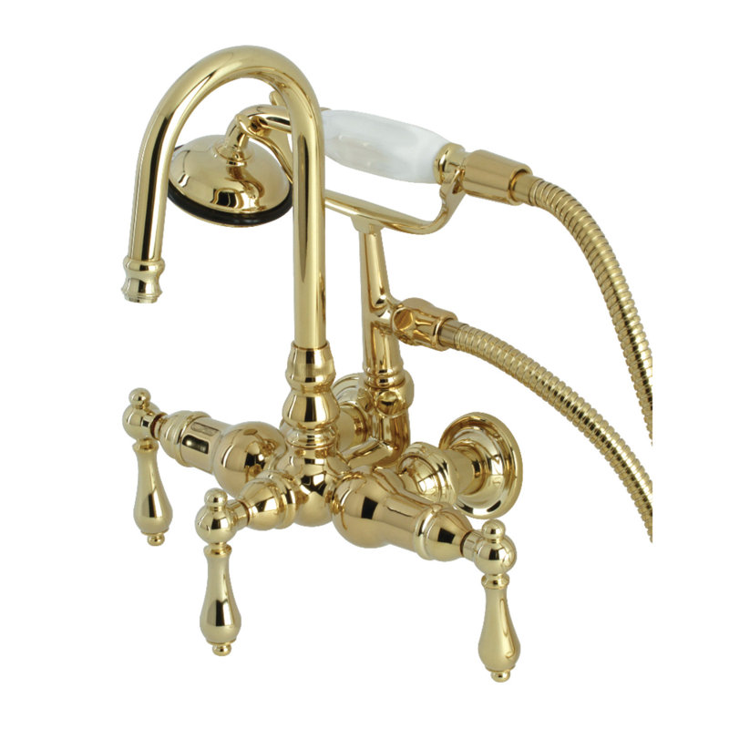 Kingston Brass Vintage Three-Handle 2-Hole Tub Wall Mount Clawfoot Tub Faucet with Hand Shower, Polished Brass