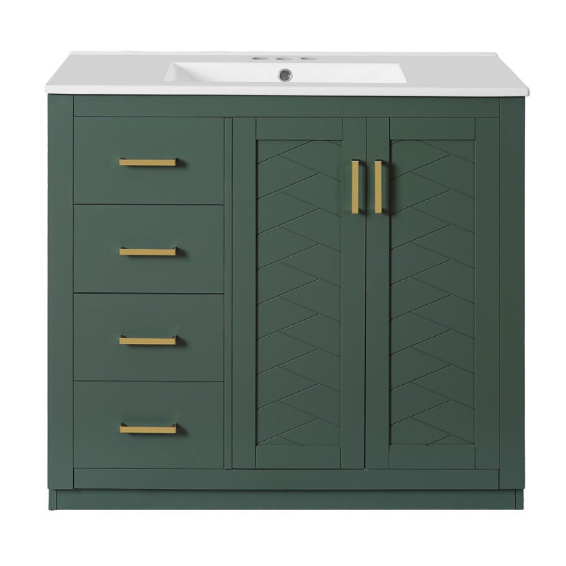 Meuble-lavabo 36 po avec lavabo en céramique, Vert/doré