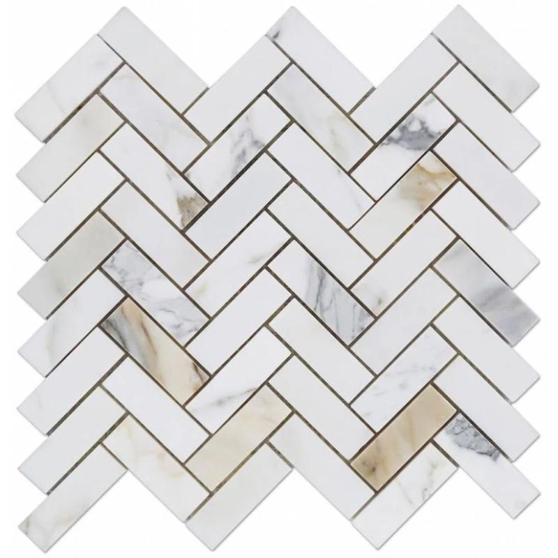 1" x 4" Marble Herringbone Mosaic Wall & Floor Tile, Honed Calacatta Gold