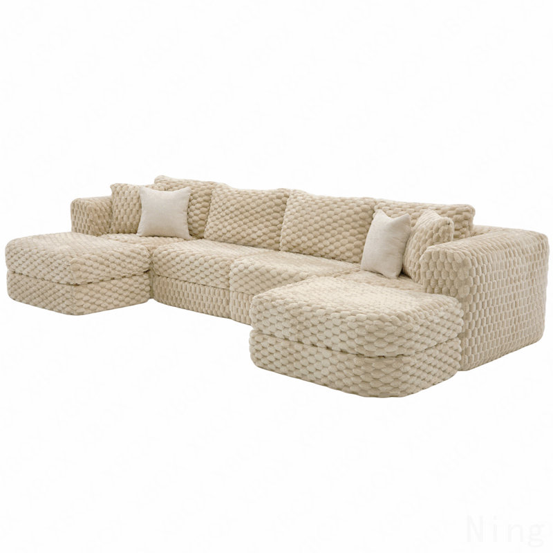 Modular Sectional Sofa 135.4" Boneless Sofa Couch Cozy Sectional Couch With Two Movable Ottomans For Living Room, Beige
