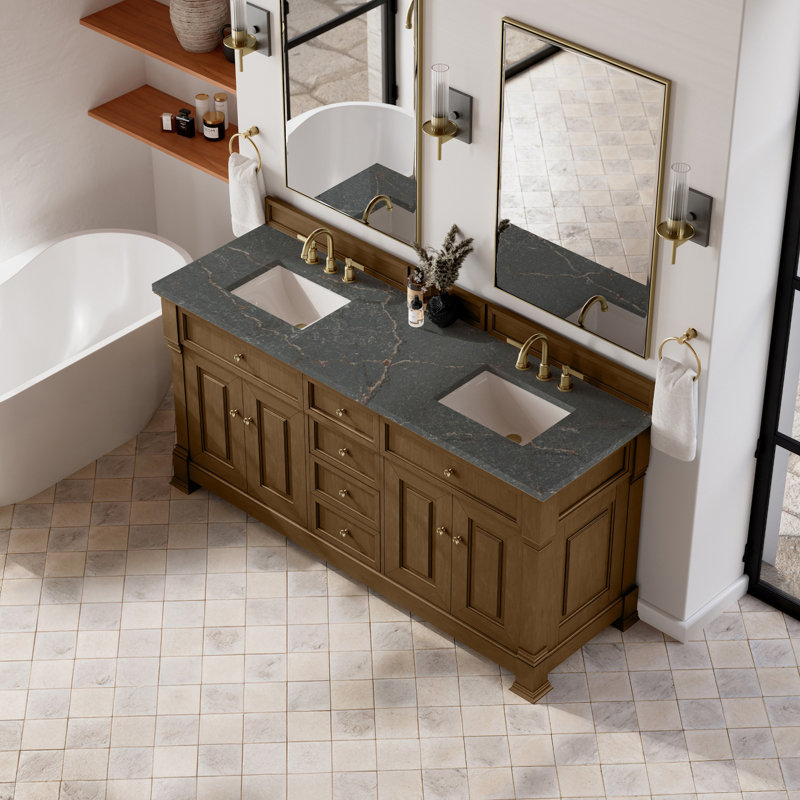 Meuble-lavabo double l 72 po Brookfield, Chêne miel, Bleu Parisien