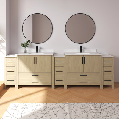 Ensemble de meuble-lavabo double autoportant 108 po avec plateau en granit blanc 108 po