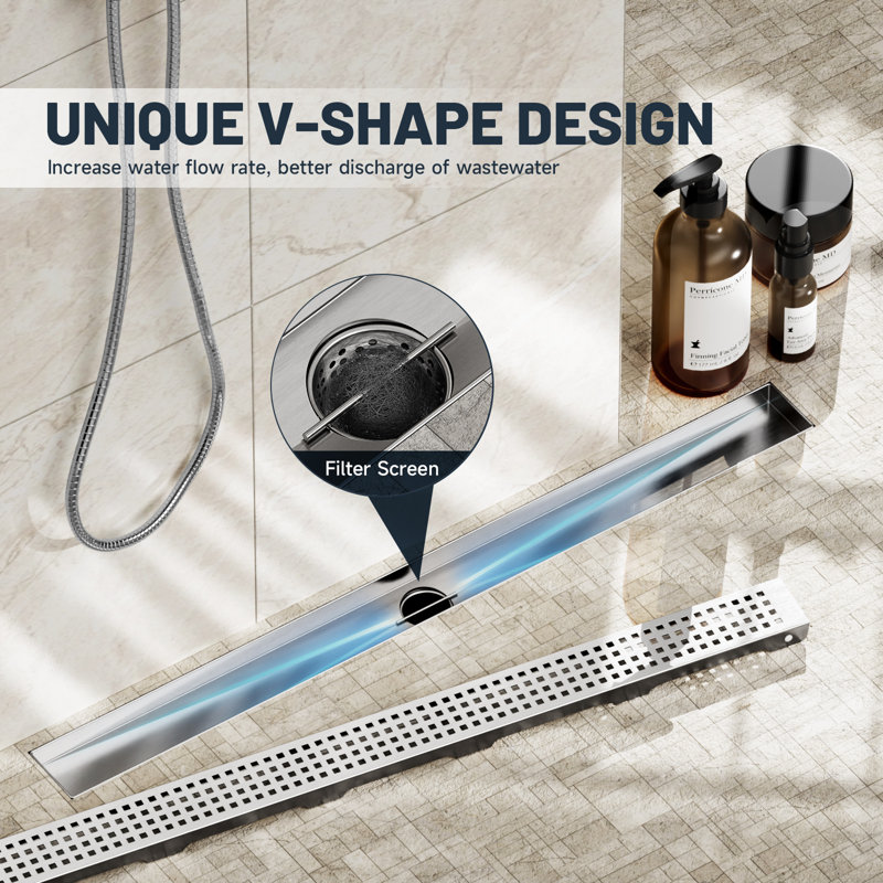 32 In. Stainless Steel Linear Shower Drain With Square Pattern Drain Cover, Brushed Nickel