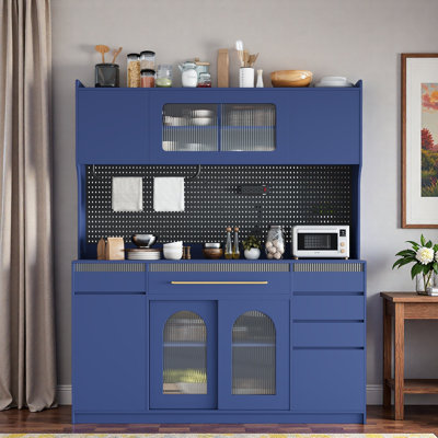 Garde-manger autoportant avec 6 tiroirs, tablettes réglables, panneau perforé, porte-serviettes et prise de courant