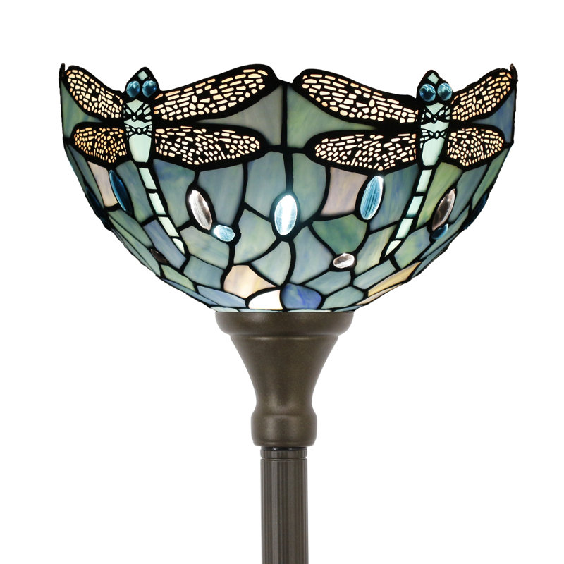 Tiffany Floor Lamp Torchiere Stained Glass Dragonfly Style Torch Lamp 12X12X67 Inch Antique Standing Corner Light, Sea Blue