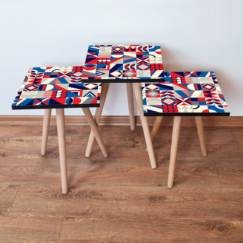 Ensemble de 3 tables gigognes modernes, pieds en bois de hêtre, 13,8 po x 20,5 po x 13,8 po | 100% panneau de fibres à densité moyenne, épaisseur: 0,7 pouce | Conception géométrique élégante pour le salon, solution polyvalente et peu encombrante