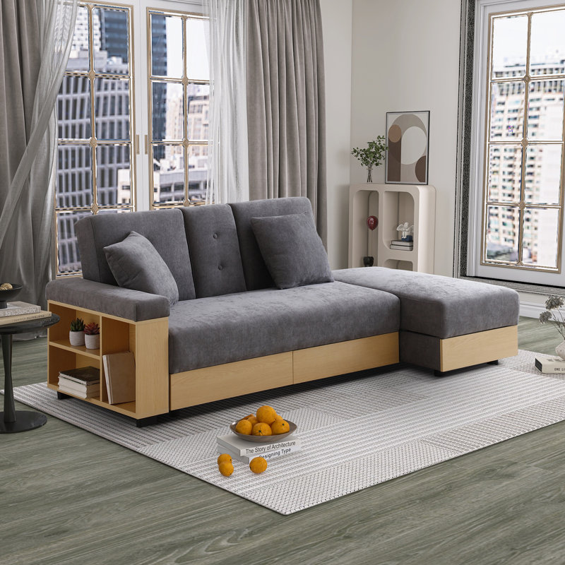 Convertible Sleeper Couch Sectional Sofa with Drawers and Storage Ottoman, Gray Cotton Blend