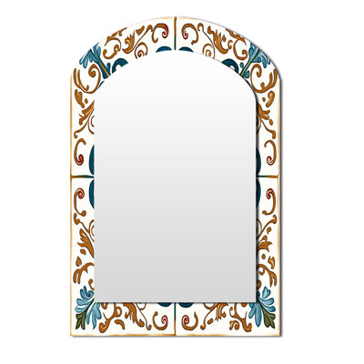 Mediterranean Tiles In Retro Blue VI - Tile Arch Decorative Mirror, Modern Asymmetrical Large Wall Mirror, Printed Metal Art