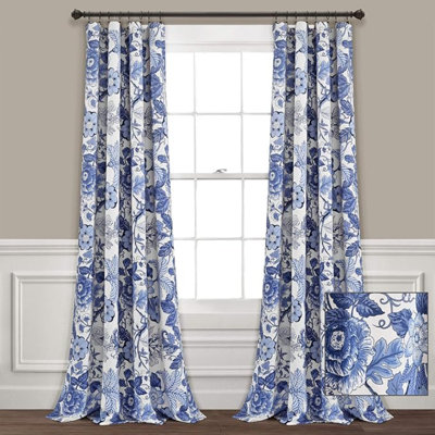 Paire de rideaux de fenêtre filtrant la lumière Lush Decor Sydney, l 52 po x L 84 po, bleu marine et blanc - Botanical Garden - Country Cottage Home Decor - Rideaux à motif floral pour chambre à coucher, salon et salle à manger