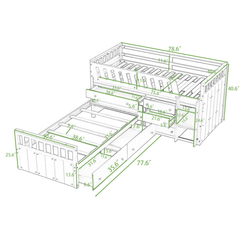 Seven Drawers Twin Over Twin Wood Bunk Bed, Grey