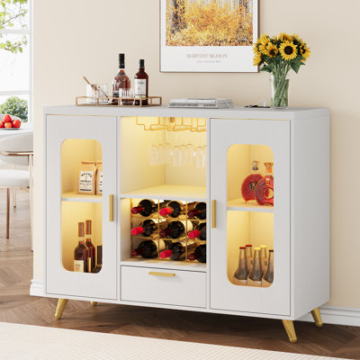 Bar Cabinet With Power Outlets, Modern Coffee Bar Sideboard With Led Light, Farmhouse Liquor Cabinet With Wine Rack, Glass Holder & Wine Storage