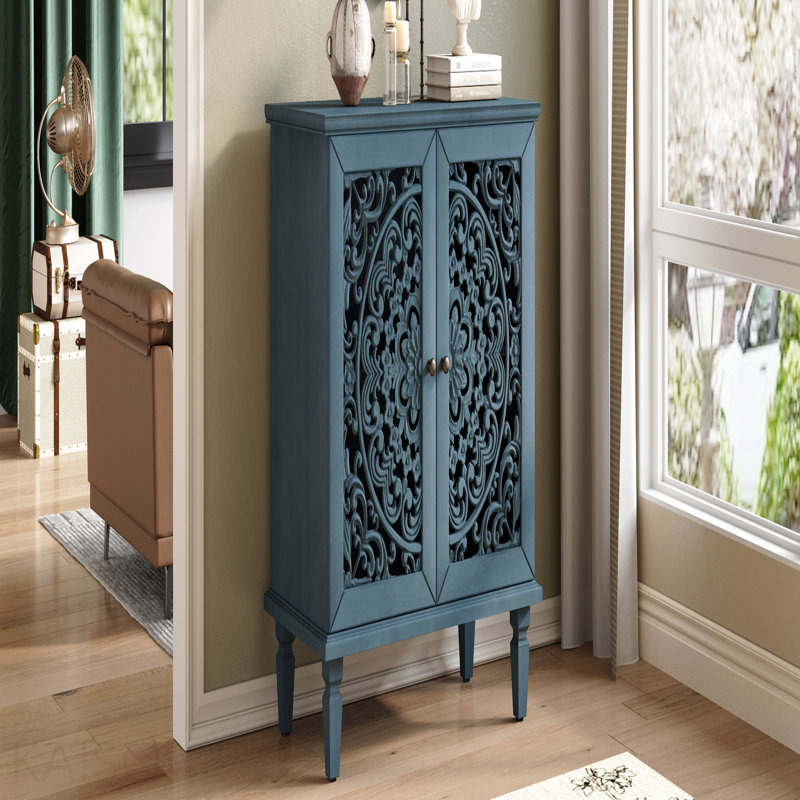 Buffet vintage rétro à 2 portes avec rangement ajustable à motif floral et tablettes en bois massif