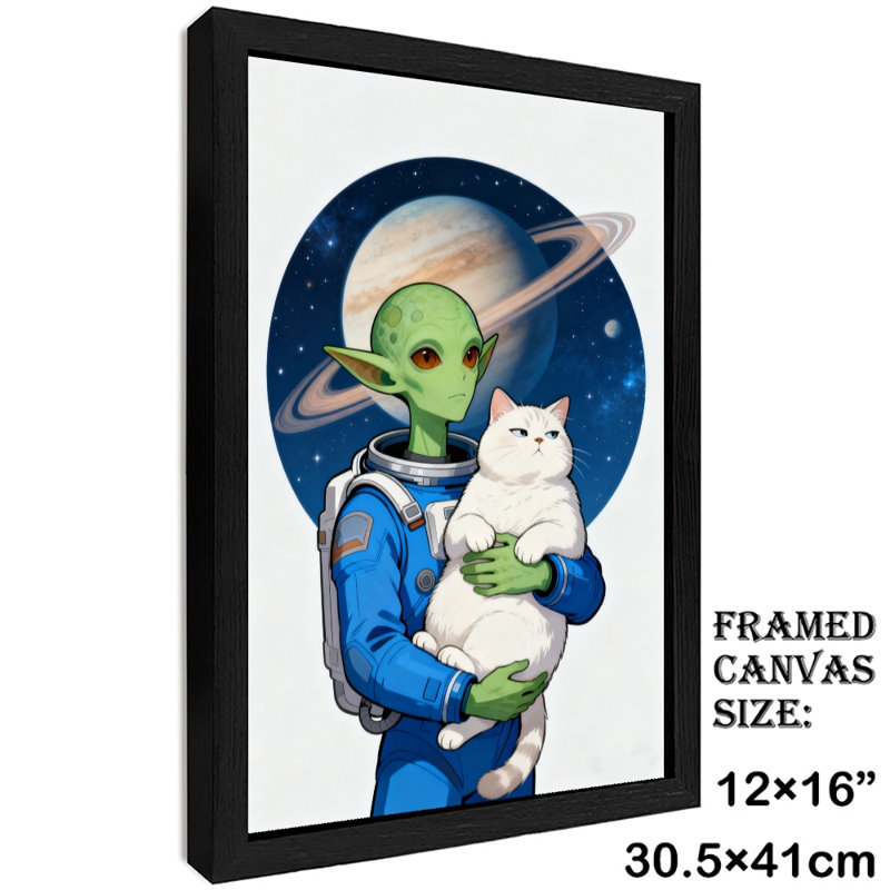«Alien» encadré noir tenant un joli chat blanc dans l'espace, impressions sur toile de style rétro, H 17 po x l 13 po