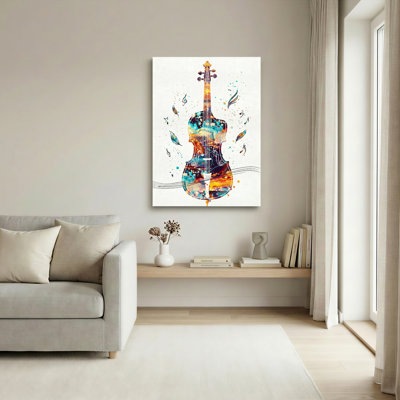 Ensemble de 1 tableau sur toile représentant un violon coloré