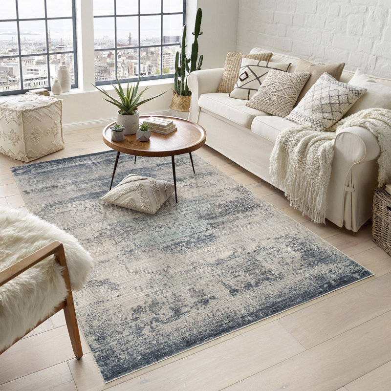 Washable Living Room Mist Abstract Area Rug – Soft Polypropylene Weaving, Low Pile, Non Slip Cotton Backing for Elegant Indoor Spaces, Navy