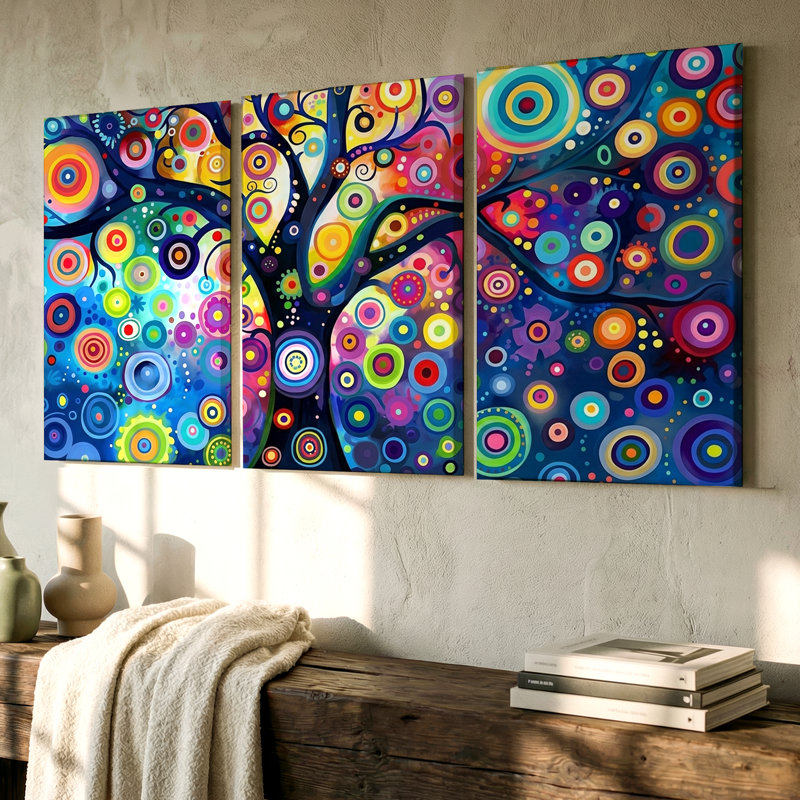 3 pièces, art mural abstrait arbre vibrant avec cercles colorés, art mural trois pièces pour le salon, la chambre à coucher et le bureau, prêt à être accroché
