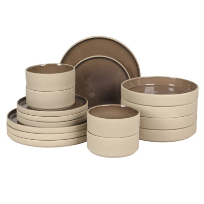 Gibson Elite Liberty Bay 16-Piece Pottery Clay Stoneware Dinnerware Set –  Mocha Brown Reactive Glaze, Stackable Plates and Bowls W/ Pasta Bowl, Service for 4 – Microwave & Dishwasher Safe