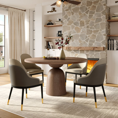 3/5/7 Pcs Mid-Century Solid Wood Round Dining Table Sets With Comfort Upholstered Kitchen Chairs For 2/4/6