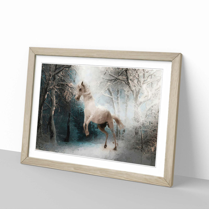 White Horse Rearing in a Winter Forest in Abstract - Picture Frame Graphic Art Print, 60cm H x 91cm W x 2cm D, Oak