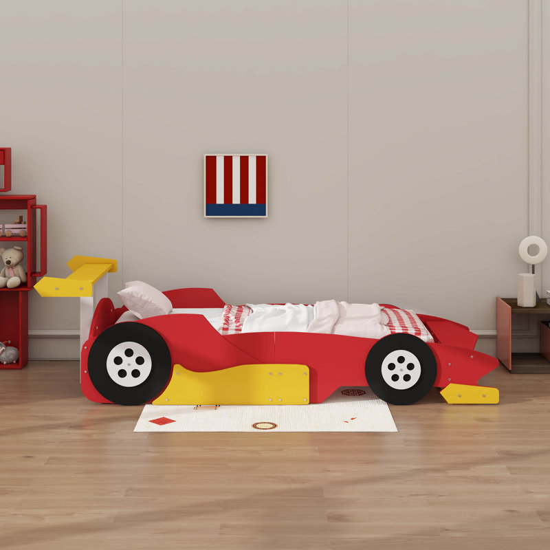 Twin Size Car-Themed Platform Bed On Wheels, Wooden Car Bed Frame For Children, Red