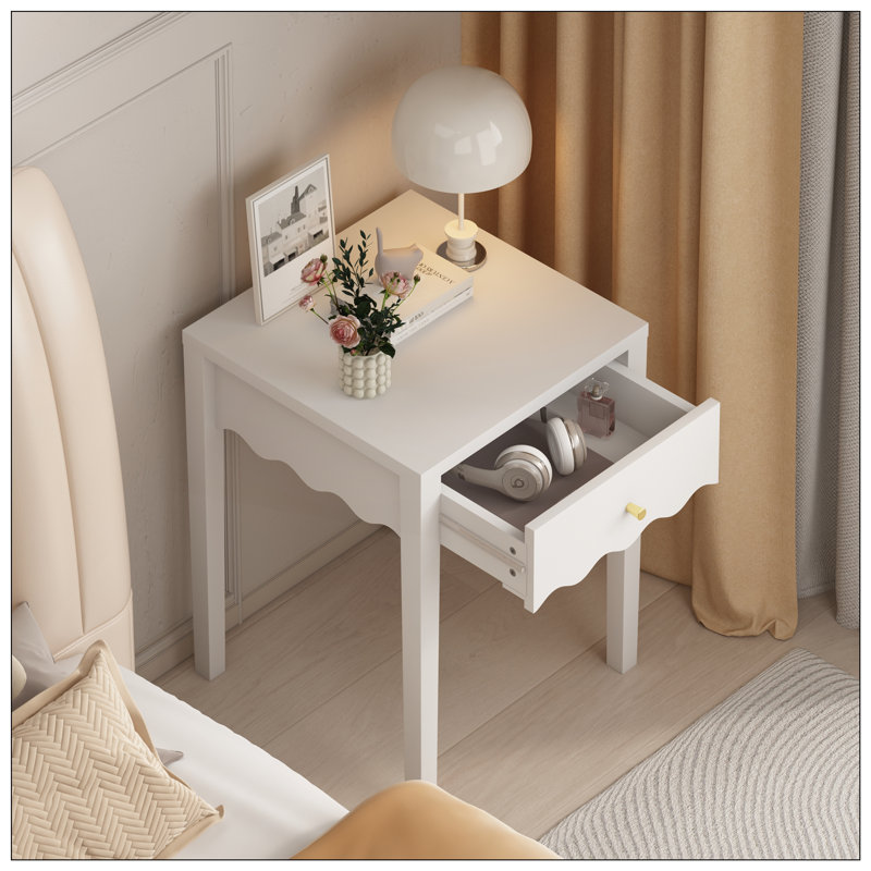 Tables de chevet blanches avec tiroir, tables de chevet modernes avec détail festonné, tables d'appoint compactes pour chambre, salon et petits espaces (Une seule table de chevet !!!)