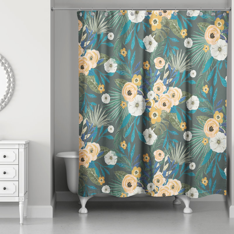 Ensemble de rideau de douche en polyester à motif floral tropical et crochets, Vert