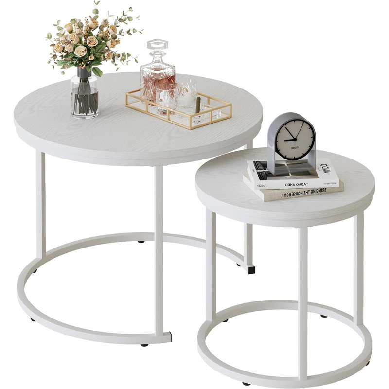 Nesting Coffee Table Round Side Table Set Of 2 End Tables For Living Room Bedroom Balcony,Wooden Stacking Accent Coffee Tables With Metal Frame