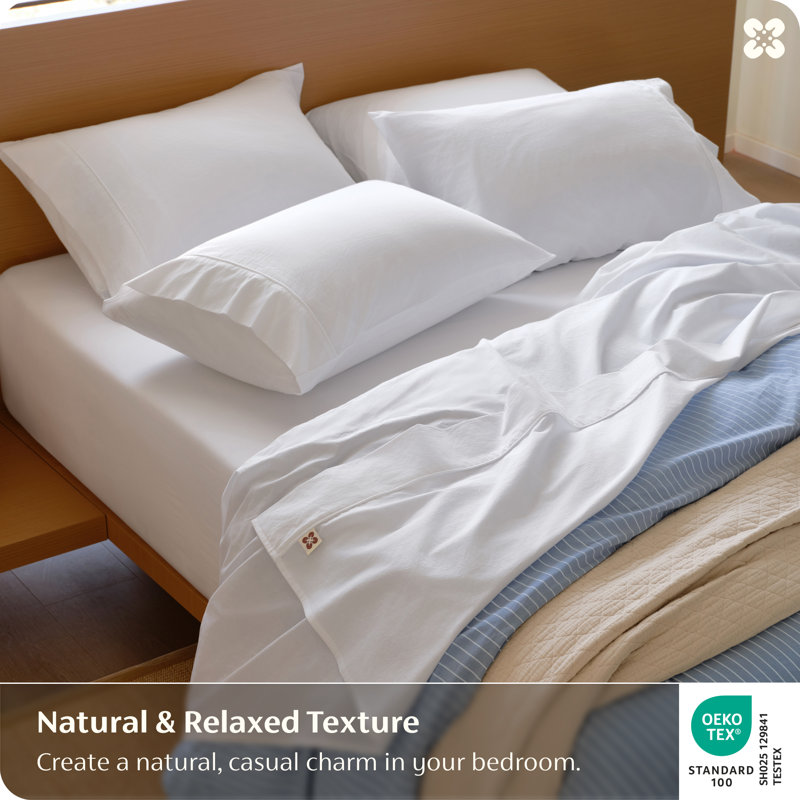 Bedsure 100% Washed Cotton Sheets - Linen Like Textured Percale Sheets Queen Size, 6-Piece Bedsheet Set With 18" Deep Pocket, Breathable & Purewoven Soft Comfy (White, Queen)