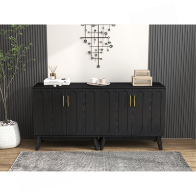 Mid Century Modern Fluted Sideboard Cabinet With Adjustable Shelves & Solid Wood Legs, Buffet Cabinet With Storage, Walnut Storage Cabinet For Living Room, Entryway, Hallway, Dining Room, Kitchen