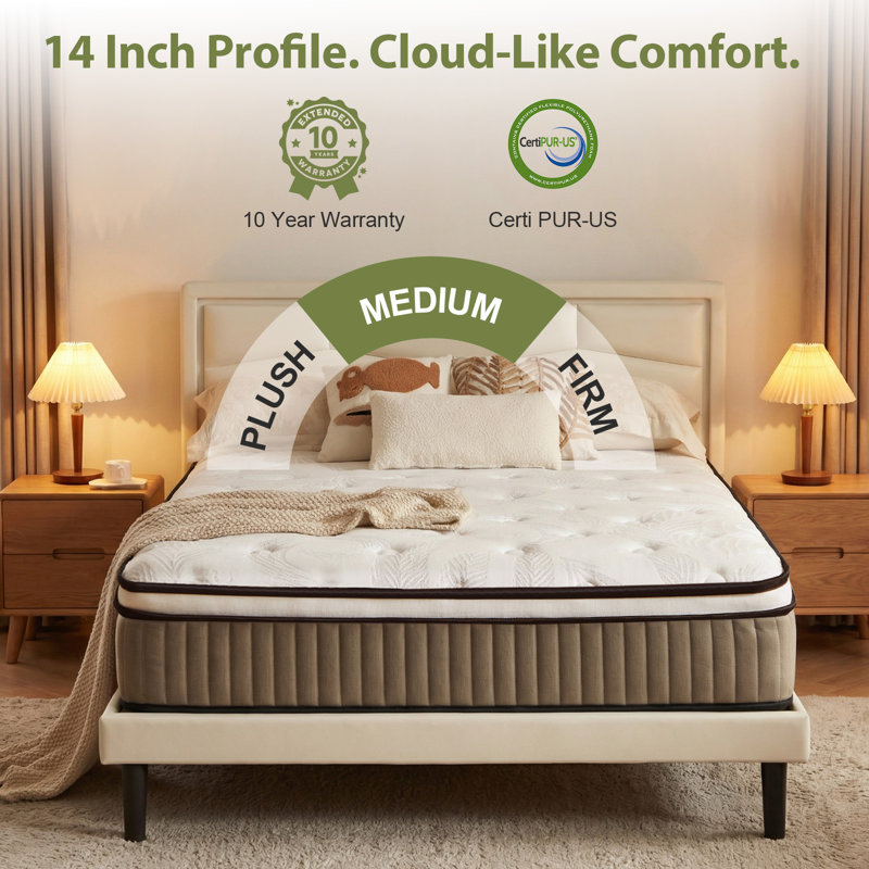 14'' Medium Plush Hybrid Mattress With Leaf Pattern Top – Gel Memory Foam & Pocket Coils, King