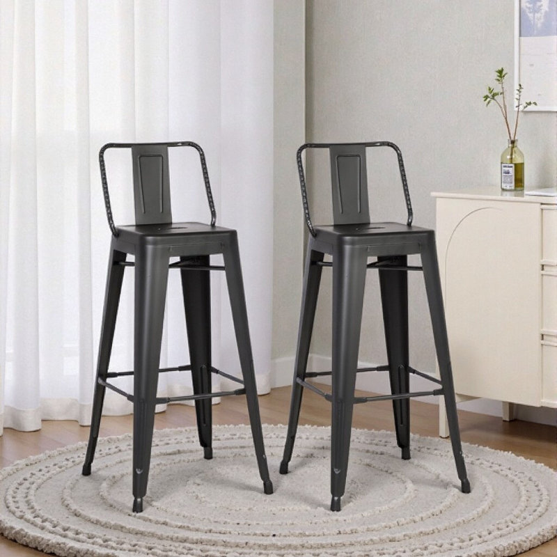Modern Lightweight Industrial Metal Bar Stools Set of 2 - Rustic Coastal Design with Bucket Back, 30" Seat Height, Matte Black Finish