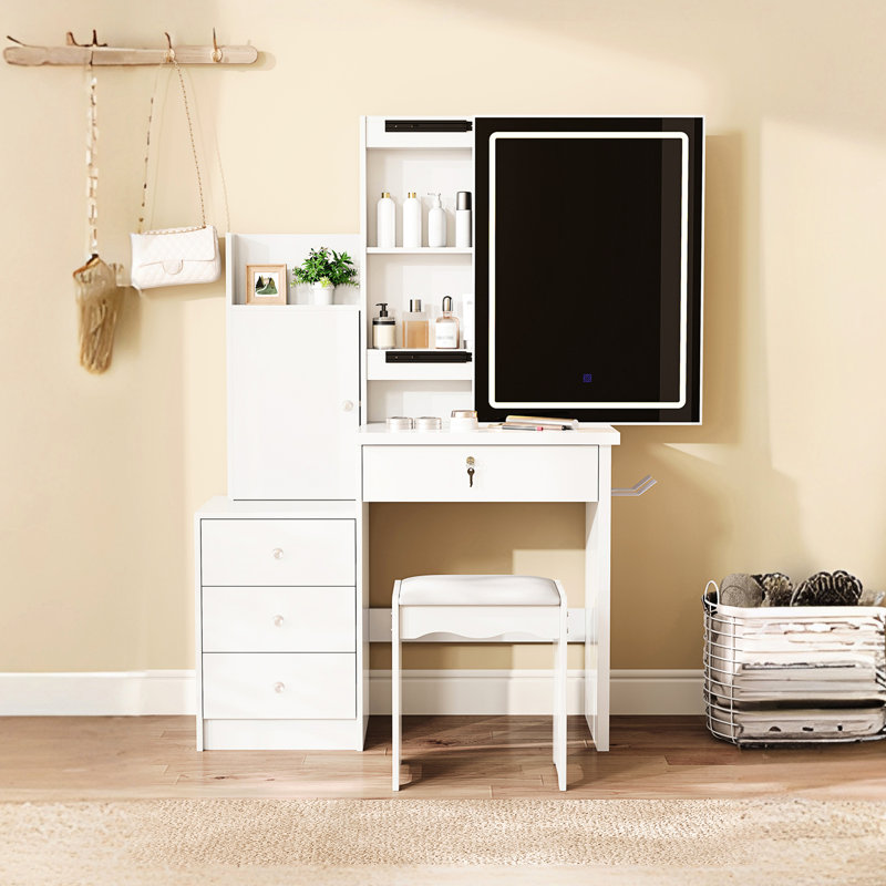 Bureau blanc avec miroir coulissant, 4 tiroirs, 9 espaces de rangement, compartiments cachés et tabouret confortable. Miroir à DEL à trois températures de couleur gradation continue. Hub d'alimentation intégré 2 prises de courant alternatif,