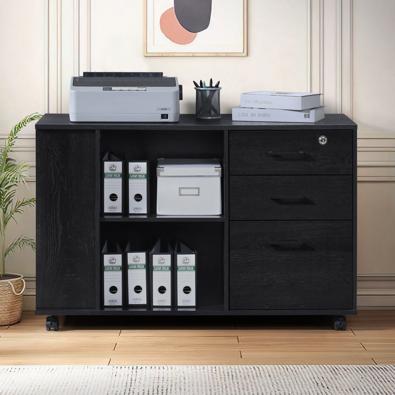 Oak File Cabinet With 1 Locker, Black