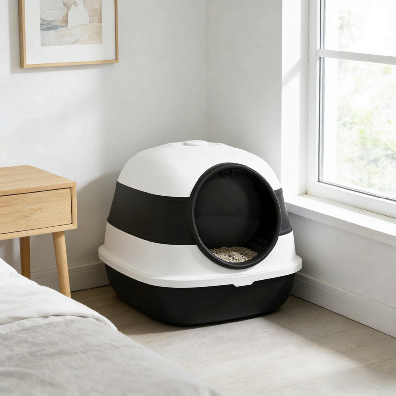 Litière pour chat, litière avec couvercle, Noir / blanc